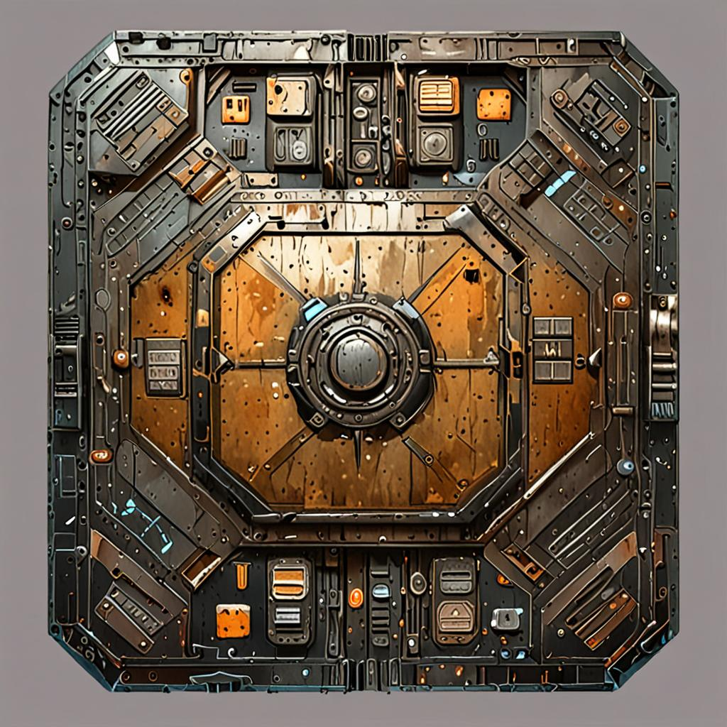 Close-Up Of Brushed Corroded Spaceship Hull, Small Warning Glyphs Stenciled Acro Texture Pack